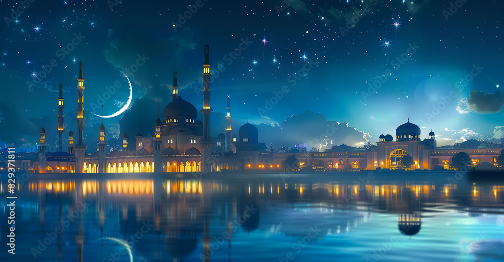 An illustration shows an amazing mosque with intricate architecture at night with star and moon. Spiritual value of mosque architecture in Muslim traditions. Generative AI.