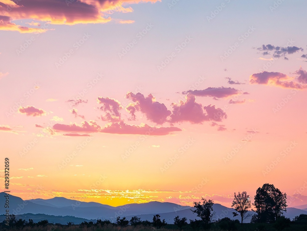 Fototapeta premium Sunset sky in the morning with sunrise and soft pink clouds with yellow tones, with silhouettes of distant mountains and trees in the foreground, adding contrast and emphasizing the peacefulness of