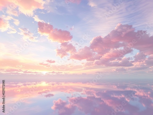 Fototapeta Naklejka Na Ścianę i Meble -  Sunset sky in the morning with sunrise and soft pink clouds with yellow tones, reflecting over a calm body of water, creating a mirror image and adding depth to the tranquil scene