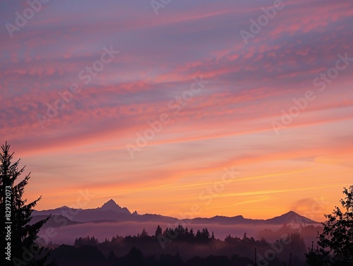 Sunset sky in the morning with sunrise and soft pink clouds with yellow tones  with silhouettes of distant mountains and trees in the foreground  adding contrast and emphasizing the peacefulness of