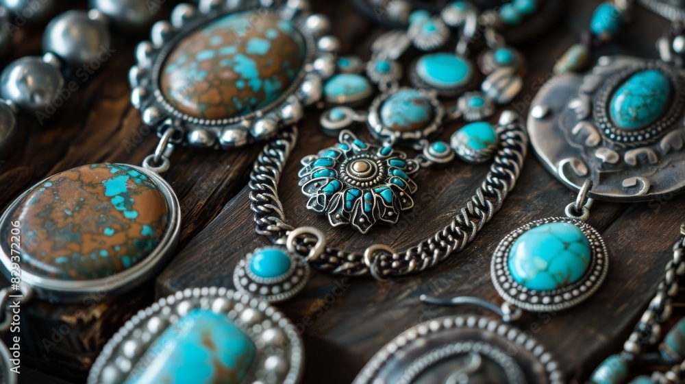 A collection of handmade jewelry featuring turquoise stones and silver accents a nod to the traditional jewelry of the Southwest. A collection of handmade jewelry featuring turquoise stones and silver accents a nod to the traditional jewelry of the Southwest.