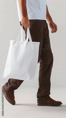 A person holding a plain white canvas tote bag, ideal for shopping, branding, everyday use, promoting eco-friendliness. Reusable shopper ecobag, sustainable accessory, traveling, conscious lifestyle