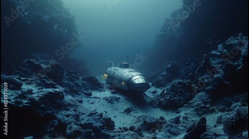 An underwater base on an ocean floor of lifeless rocky outcroppings, a single submersible craft in foreground moves. Generative AI. © visoot