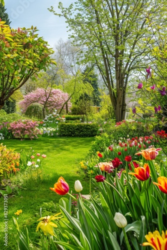 A vibrant spring garden in full bloom with a variety of flowers and lush greenery, capturing the beauty of nature