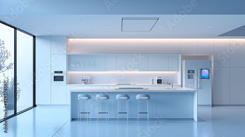 A modern kitchen in an AI-augmented reality smart home, where holographic controls and smart appliances are managed via a central system. The minimal color design emphasizes the futuristic aspect,