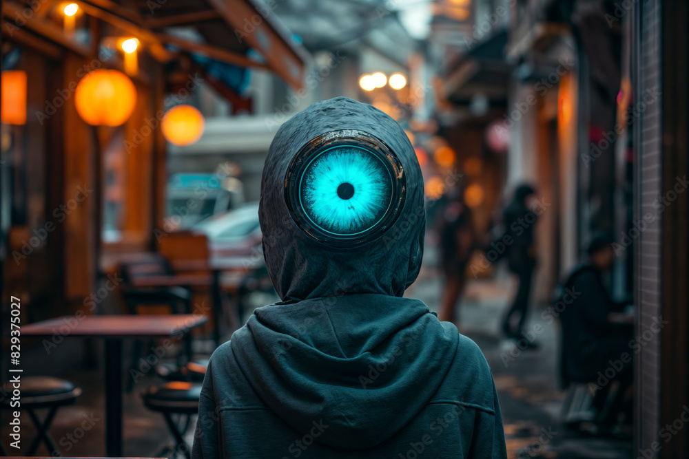 Mysterious street photograph of a person wearing a hoodie with a large eye design on the back, capturing urban life and themes of surveillance and anonymity. Mysterious street photograph of a person wearing a hoodie with a large eye design on the back, capturing urban life and themes of surveillance and anonymity.