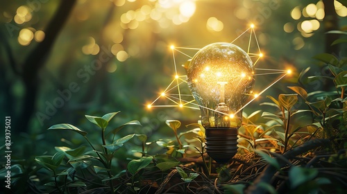 A light bulb glowing with green energy inside, surrounded by network connections and plants growing from the ground, symbolizing ecofriendly technology and sustainability in an environment of nature. photo