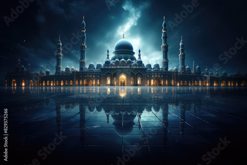 Mosque at night. Mosque building in magic moon light. Ramadan kareem background. Eid ai fitr. Eid al adha, Arafa Day