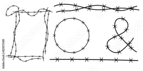 Twisted barbed wire silhouettes set in rounded and square shapes. Vector illustration of steel black wire barb fence frames. Concept of protection, danger or security photo