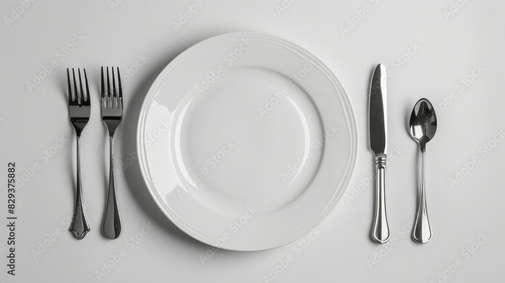 Top view of a pristine white plate on a table, flanked by a fork on the left and a knife on the right, all set against a clean white background