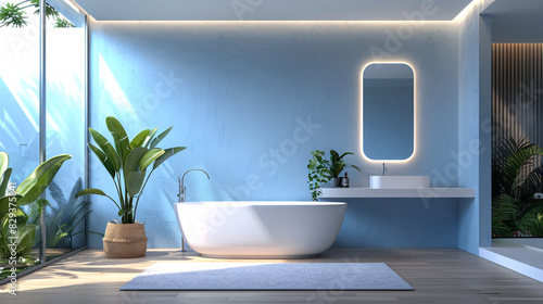 An AI-enhanced smart home bathroom with augmented reality displays managing water temperature and smart mirrors. The minimalist design uses a minimal color palette  offering ample copy space.