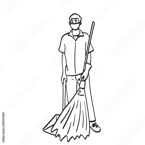 full length of housekeeping male worker with broom and dustpan illustration vector hand drawn isolated on white background