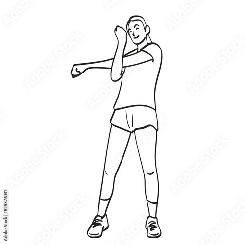 sporty woman with shoulder stretch exercise illustration vector hand drawn isolated on white background