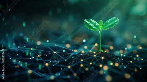 A vibrant green sprout growing from the center of an array of interconnected, glowing data points and lines representing advanced technology.. Dark background with light shining on it.. Green plant sp