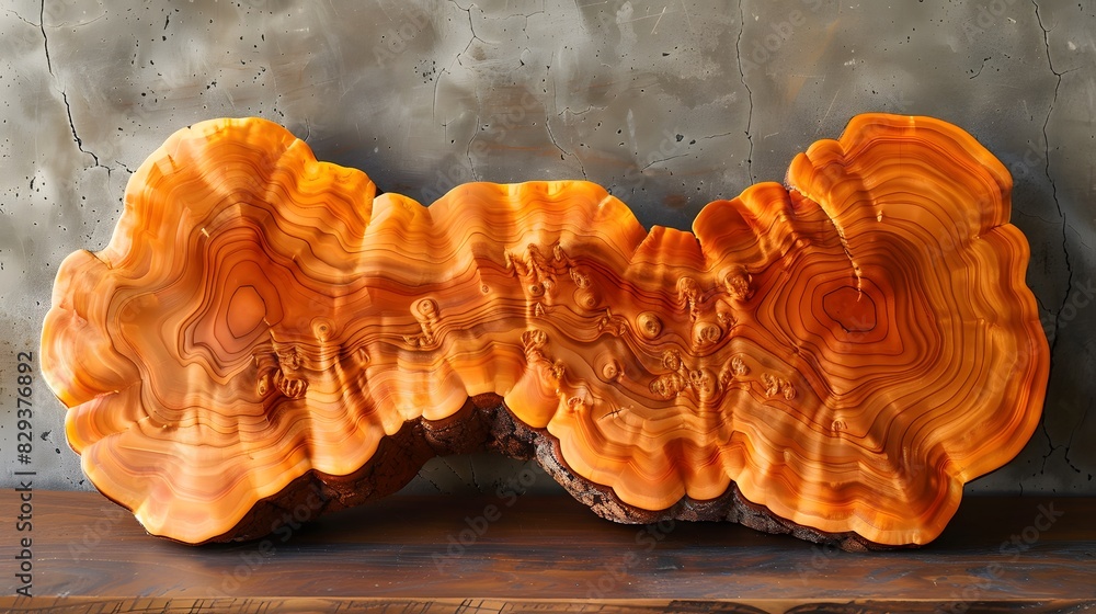 Obraz premium Unique Polished Cross Section of Large Wooden Log with Distinct Rings and Textures on Rustic Background