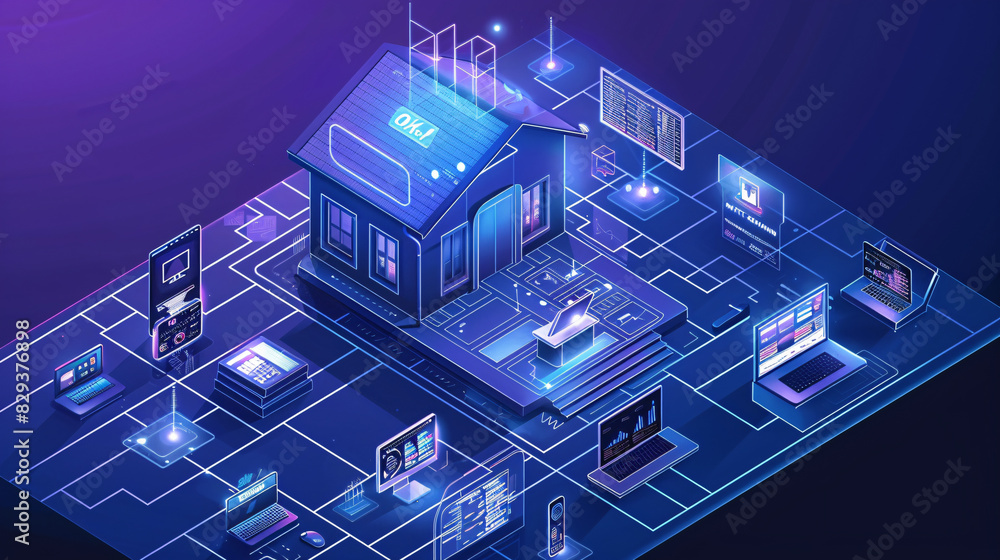 An isometric illustration of a smart home office equipped with AI ...