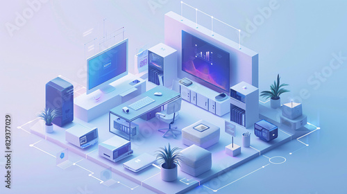 An isometric illustration of a smart home office equipped with AI-augmented reality tools, showing the integration of various smart devices in a sleek, minimal color environment with copy space.