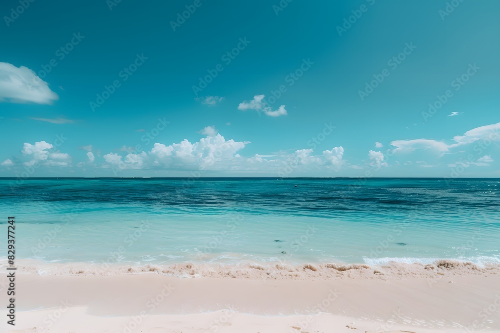 Obraz premium A pristine beach with clear blue water and white sand under a bright blue sky with fluffy clouds.