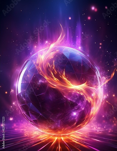 planet in space  Magical energy sphere with neon particles and flames in purple and pink  dark background