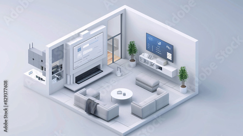 An isometric view of a modern living room in an AI-enhanced smart home, showcasing an advanced home management system on a sleek wall display. The design is clean and minimalistic, providing plenty