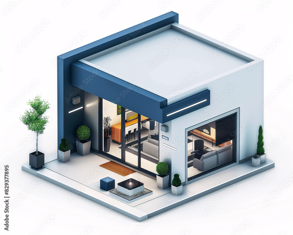 An isometric view of a modern living room in an AI-enhanced smart home, showcasing an advanced home management system on a sleek wall display. The design is clean and minimalistic, providing plenty An isometric view of a modern living room in an AI-enhanced smart home, showcasing an advanced home management system on a sleek wall display. The design is clean and minimalistic, providing plenty
