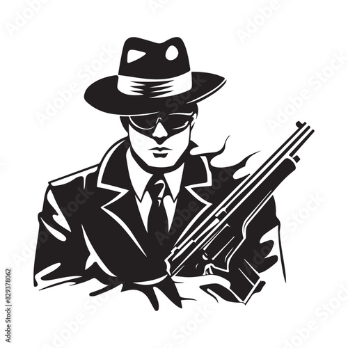 Mafia Boss Character with a Machine Gun or Rifle Vector Logo Template