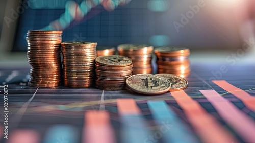 Fototapeta Naklejka Na Ścianę i Meble -  Abstract picture of bunch of coins with graph chart growth up, symbolize of business and economy growth
