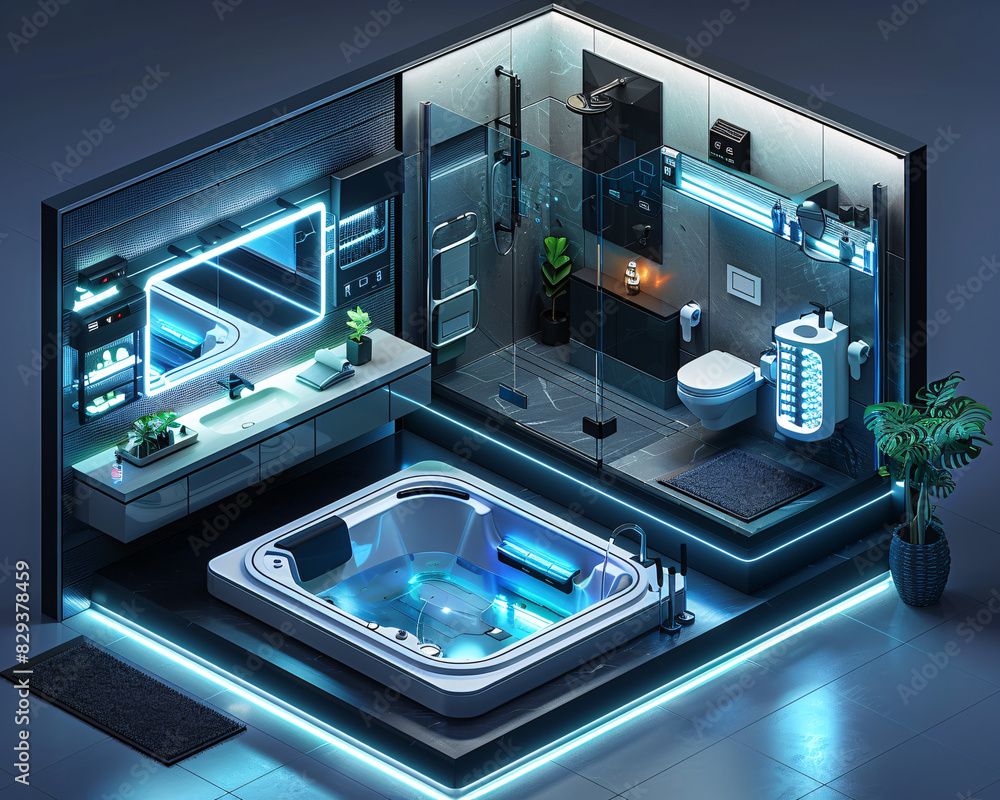 An isometric view of a modern living room in an AI-enhanced smart home, showcasing an advanced home management system on a sleek wall display. The design is clean and minimalistic, providing plenty An isometric view of a modern living room in an AI-enhanced smart home, showcasing an advanced home management system on a sleek wall display. The design is clean and minimalistic, providing plenty