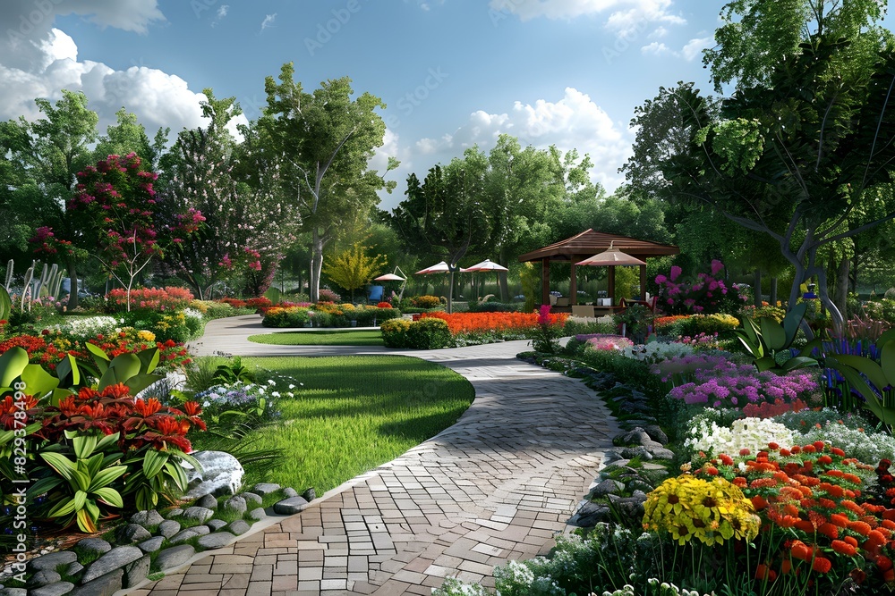 Courtyard with colorful flowers and a stone path