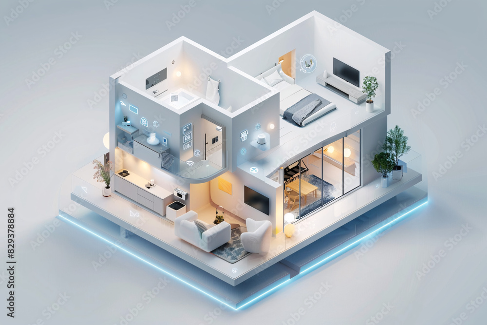 In a minimalist and futuristic smart home interior, an AI-augmented reality interface displays various smart home components and controls. The isometric design emphasizes the advanced technology In a minimalist and futuristic smart home interior, an AI-augmented reality interface displays various smart home components and controls. The isometric design emphasizes the advanced technology