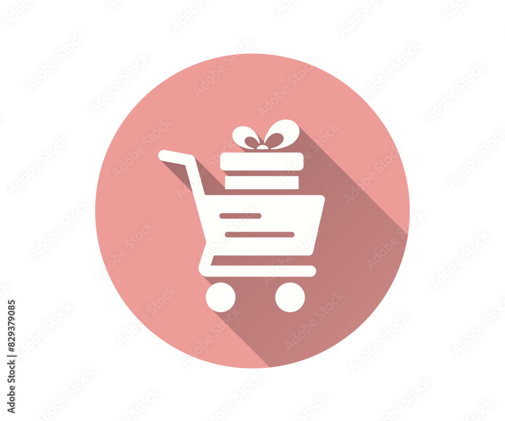 Gift shopping icon, vector flat design with long shadow. Showcases a cart filled with gift boxes, set inside a pink circle. Gift shopping icon, vector flat design with long shadow. Showcases a cart filled with gift boxes, set inside a pink circle.