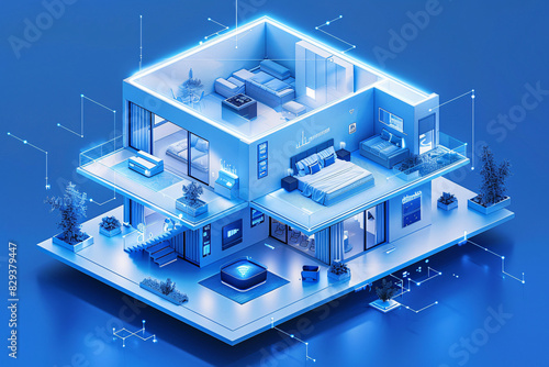 The interior of a futuristic smart home, depicted in an isometric style, highlights AI-driven management systems for various home components. The clean, minimal color scheme and generous copy space