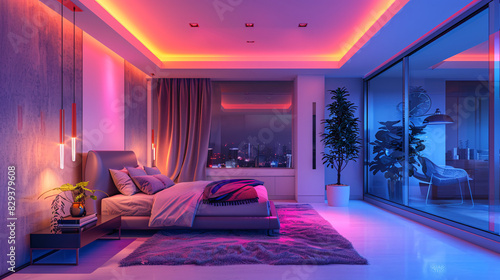 A cozy bedroom in a smart home with AI-augmented reality interfaces controlling lighting, temperature, and security. The futuristic setup features a minimalist design with significant copy space for