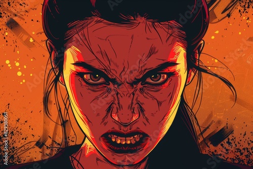 Illustration of a woman with red skin and dark hair, she has an angry expression on her face, with gritted teeth and furrowed brows.