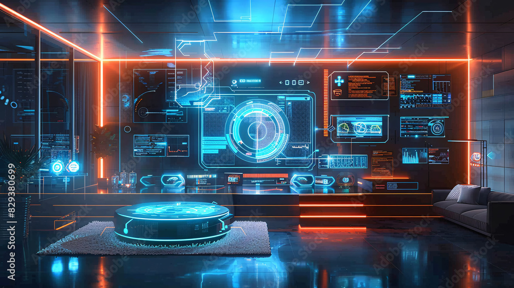 A futuristic living space with an AI-managed smart home system ...