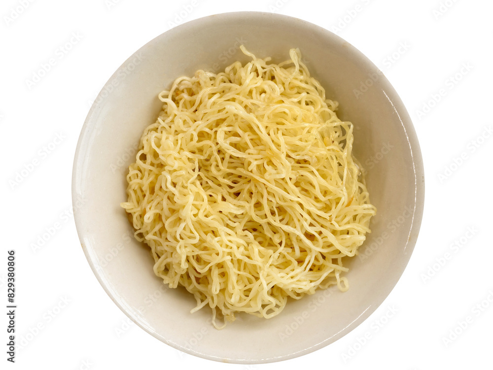 Cooked egg noodles boiled and mixed with fried garlic oil in a bowl, Asian style food, ready to eat, isolated cutout transparent background Cooked egg noodles boiled and mixed with fried garlic oil in a bowl, Asian style food, ready to eat, isolated cutout transparent background