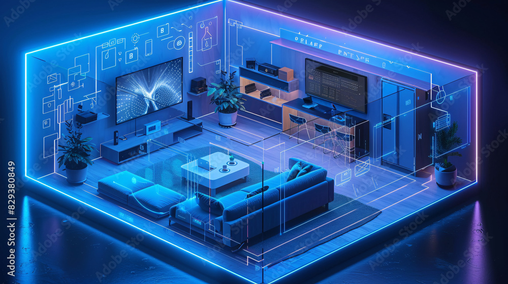 A futuristic living space with an AI-managed smart home system displayed on a transparent wall panel, controlling various home components. The design is isometric, minimal, and provides plenty of A futuristic living space with an AI-managed smart home system displayed on a transparent wall panel, controlling various home components. The design is isometric, minimal, and provides plenty of