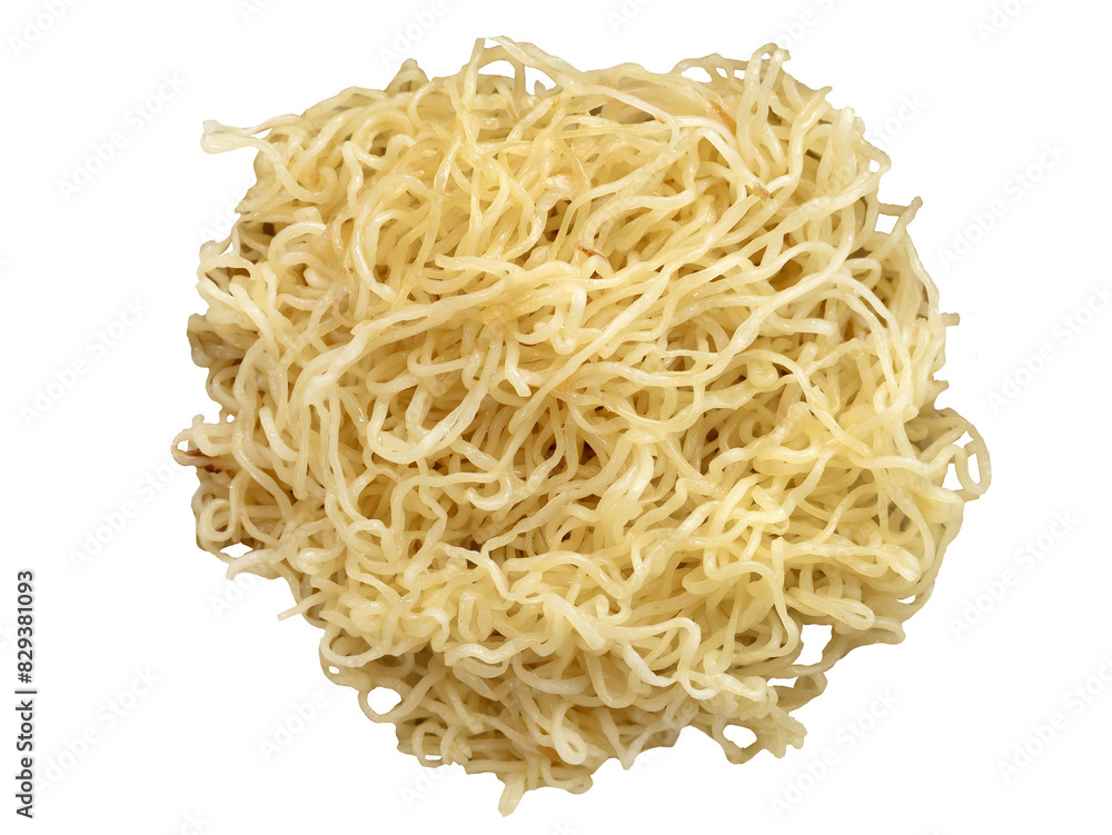 Directly above view of cooked egg noodles boiled and mixed with fried garlic oil, Asian style food, ready to eat, isolated cutout transparent background Directly above view of cooked egg noodles boiled and mixed with fried garlic oil, Asian style food, ready to eat, isolated cutout transparent background