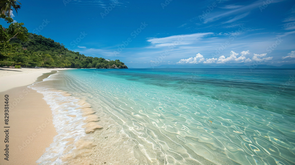 A Serene Beach with Clear Blue Water and Soft White Sand A Serene Beach with Clear Blue Water and Soft White Sand
