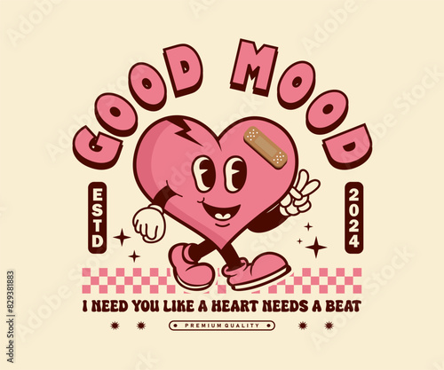 cute cartoon heart character in retro style with plaster sign can be used for t shirt design, poster, sticker. vector illustration