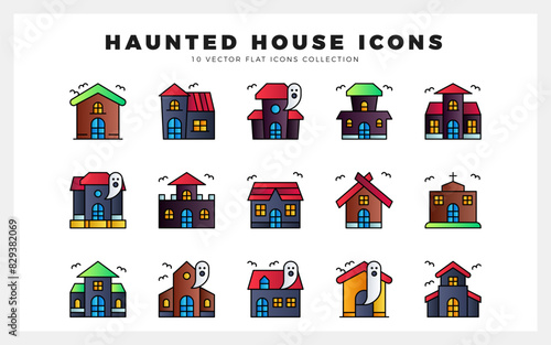 15 Haunted House Lineal Color icon pack. vector illustration.