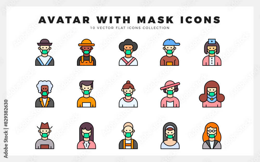 15 Avatars With Medical Masks Lineal Color icon pack. vector illustration. 15 Avatars With Medical Masks Lineal Color icon pack. vector illustration.