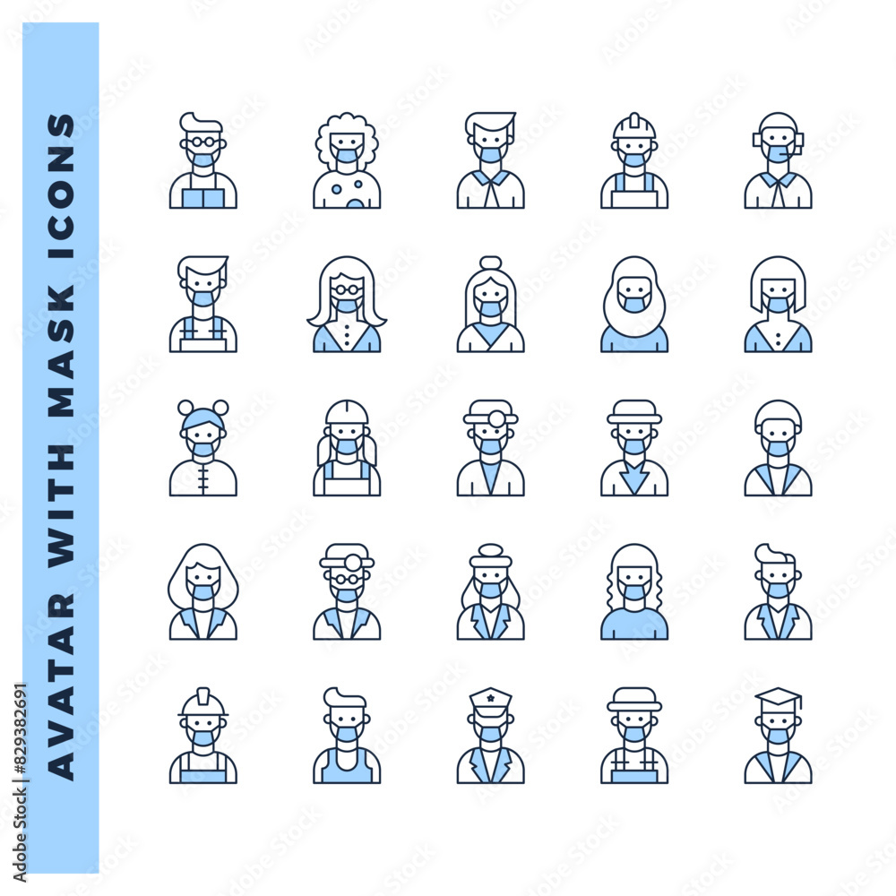 25 Avatars With Medical Masks Two Color icon pack. vector illustration.