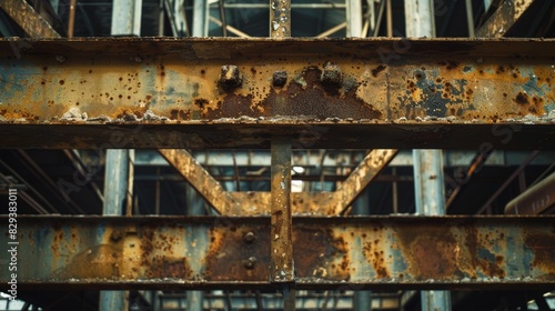 Rusted metal beams and scaffolding in an old warehouse, showcasing weathered textures and industrial ambiance