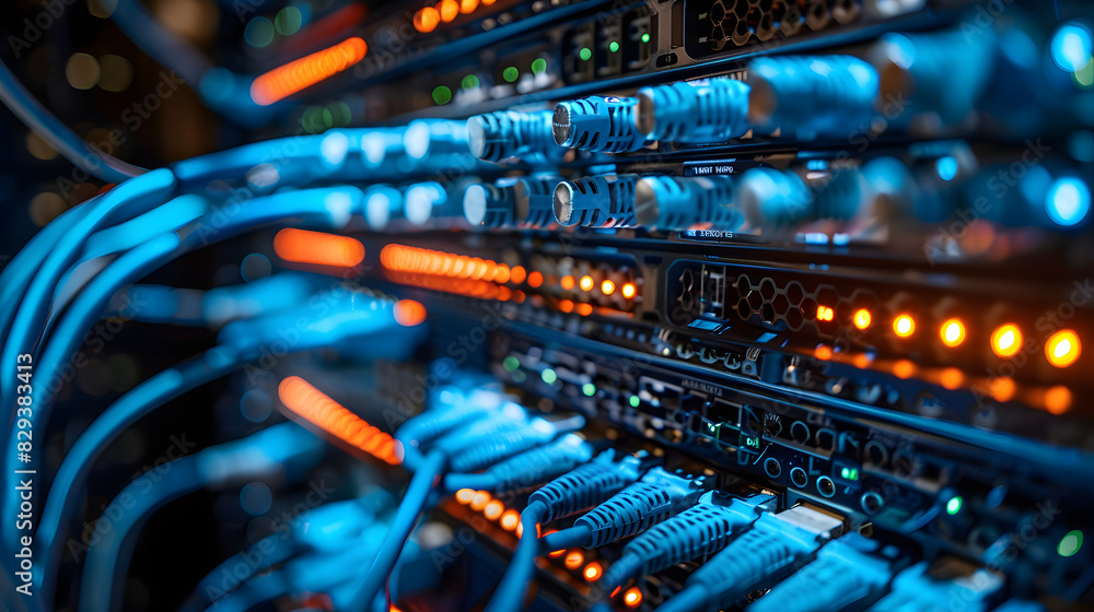 Network LAN internet cables connected in network switches. Server in data center Network LAN internet cables connected in network switches. Server in data center