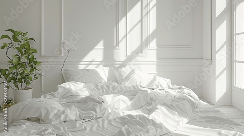 Relaxing unmade bed with white linens and pillows, in a minimalist interior featuring clean lines and a calming, clutter-free environment © Paul