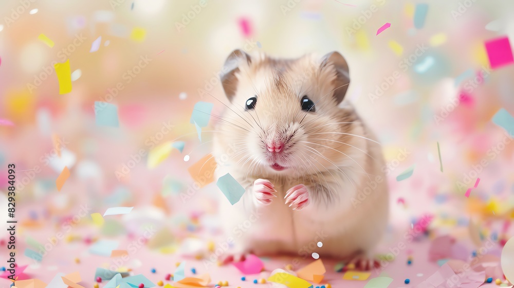 photo of happy hamster surrounded in the style of colorful confetti, birthday party background, natural light, soft pastel colors, photo of happy hamster surrounded in the style of colorful confetti, birthday party background, natural light, soft pastel colors,