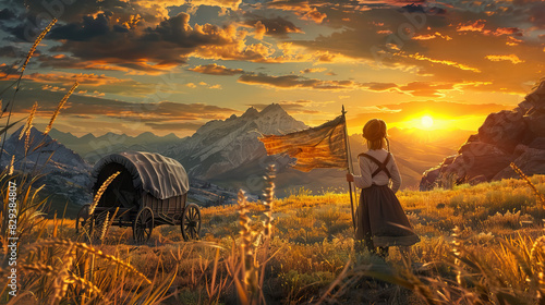 young pioneer child holding a vintage old homemade flag and standing beside a covered wagon, with a backdrop of majestic mountains and a setting sun for Pioneer Day background. photo