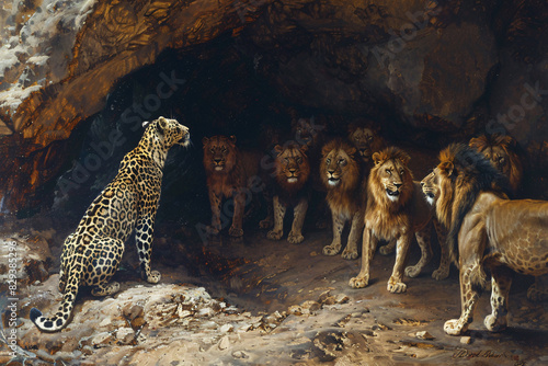 A leopard (tech guru) fixing a computer problem for a stressed-looking lion (businessman) in a technological savanna landscape.