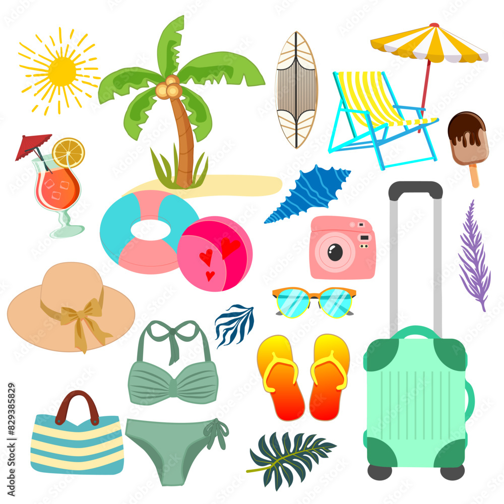 Fototapeta premium Modern summer elements set, great design for any purposes. Isolated vector illustration. Summer elements set in trendy style on white background. Summertime object.